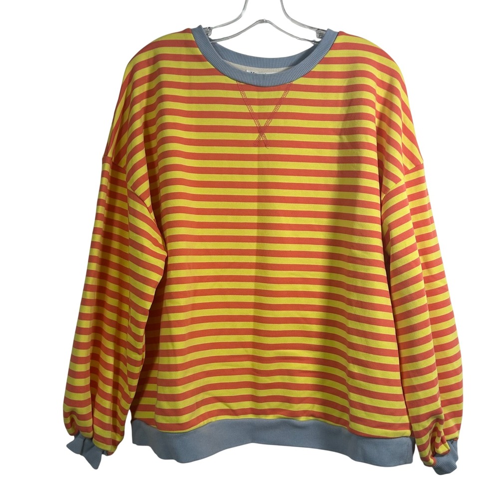 UEU Yellow Orange Striped Sweatshirt Blue Trim Crew Neck Pullover Large